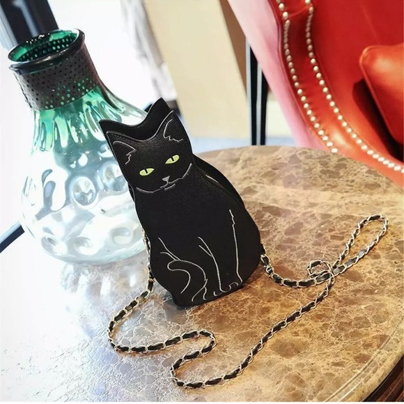 Black cat kitty crossbody purse gold chain kitten - Picture 13 of 13